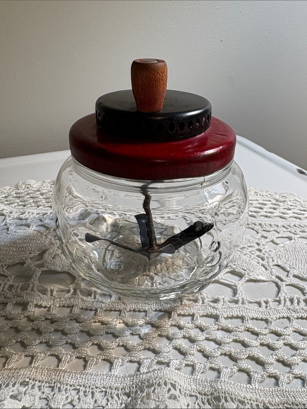 Vintage Glass Egg & Dressing Beater Jar with Red Lid and Wood Knob